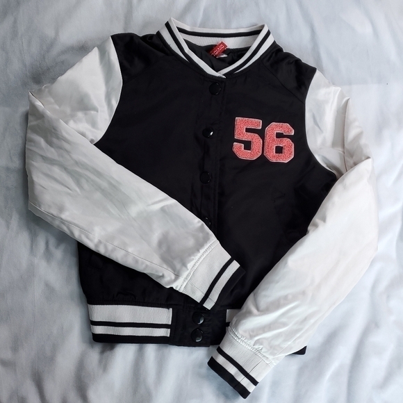 H&M Satin Bomber Varsity Jacket Black and White "56" Size 4 - Picture 1 of 14